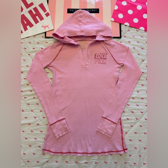 VS PINK VINTAGE Y2K PAJAMA SET “CHILL OUT” THERMAL HOODIE SHIRT & LEGGINGS RARE - Picture 9 of 15
